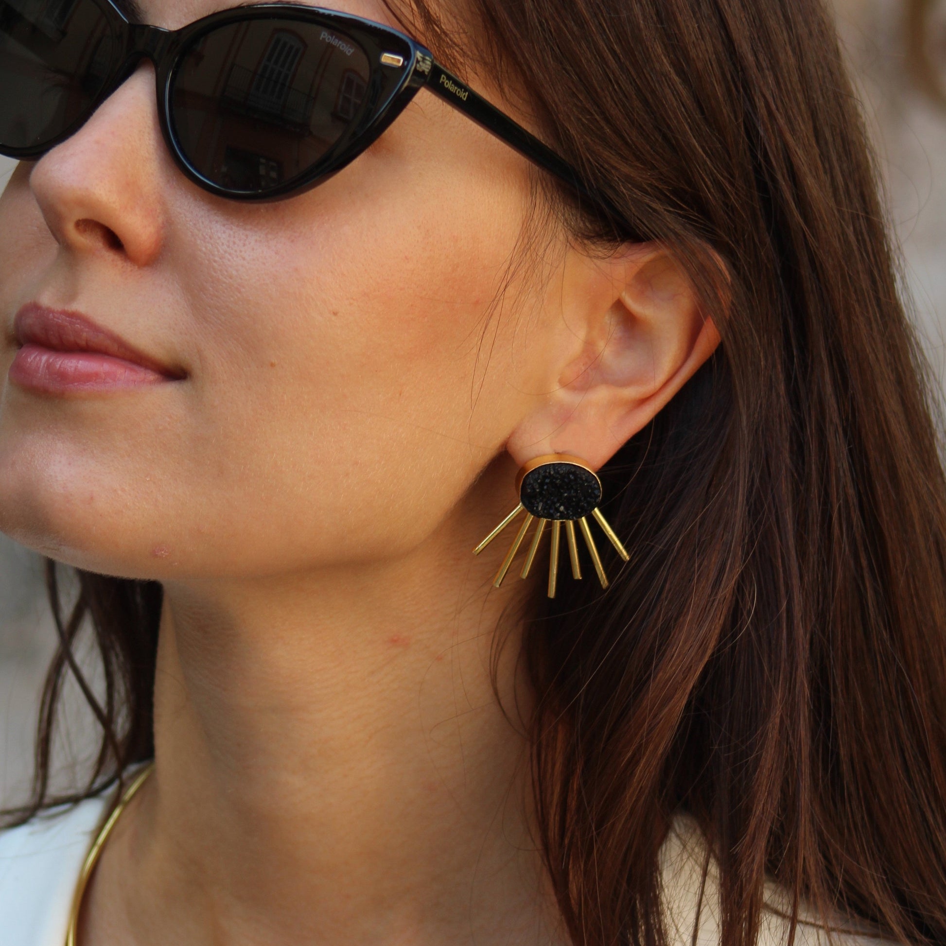 Gold plated black quartz SOL earrings-0