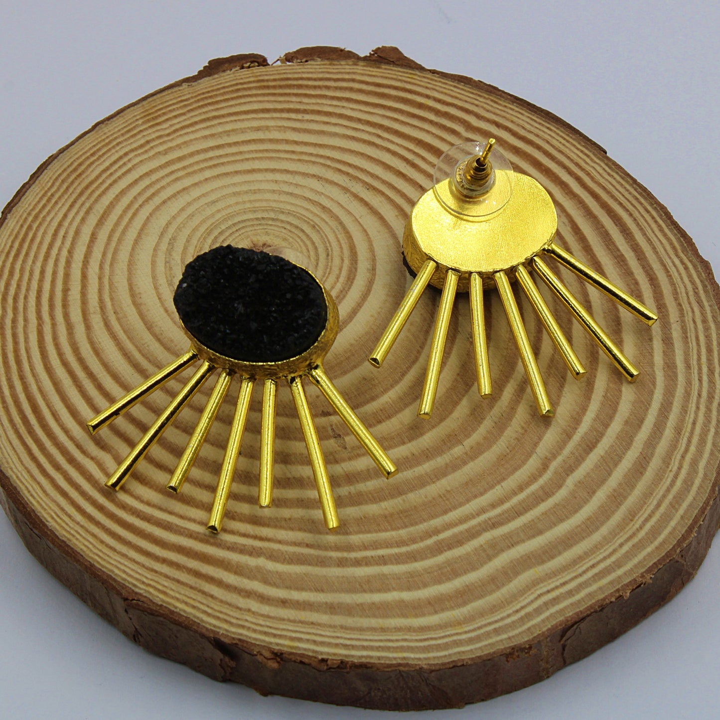 Gold plated black quartz SOL earrings-2