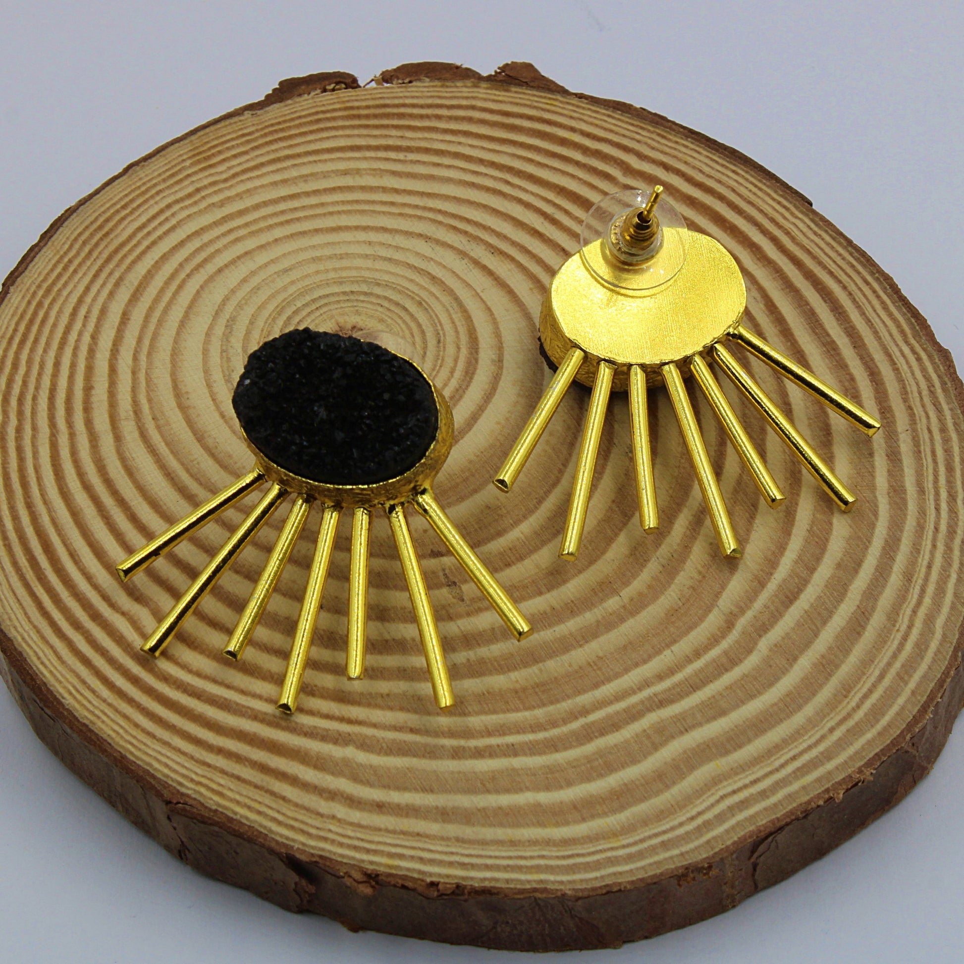 Gold plated black quartz SOL earrings-2