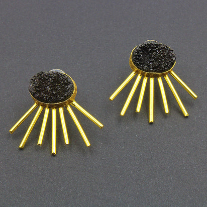 Gold plated black quartz SOL earrings-1