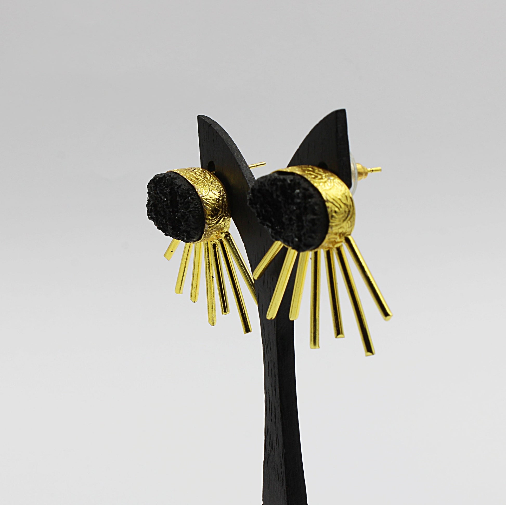 Gold plated black quartz SOL earrings-4